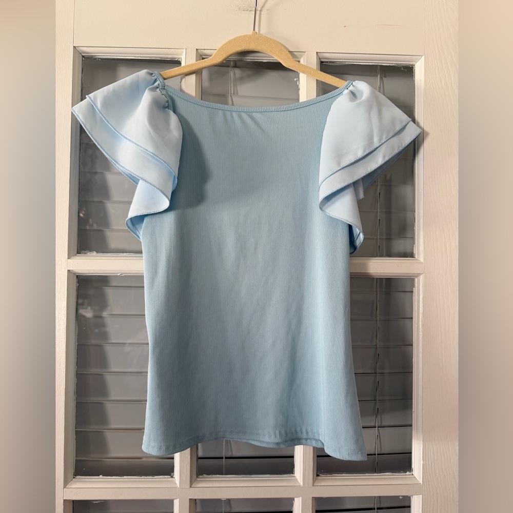 SHEIN Women’s L Light Blue Ruffle Sleeve Round Neck Ribbed Top | SKU 0195 - Picture 2 of 5